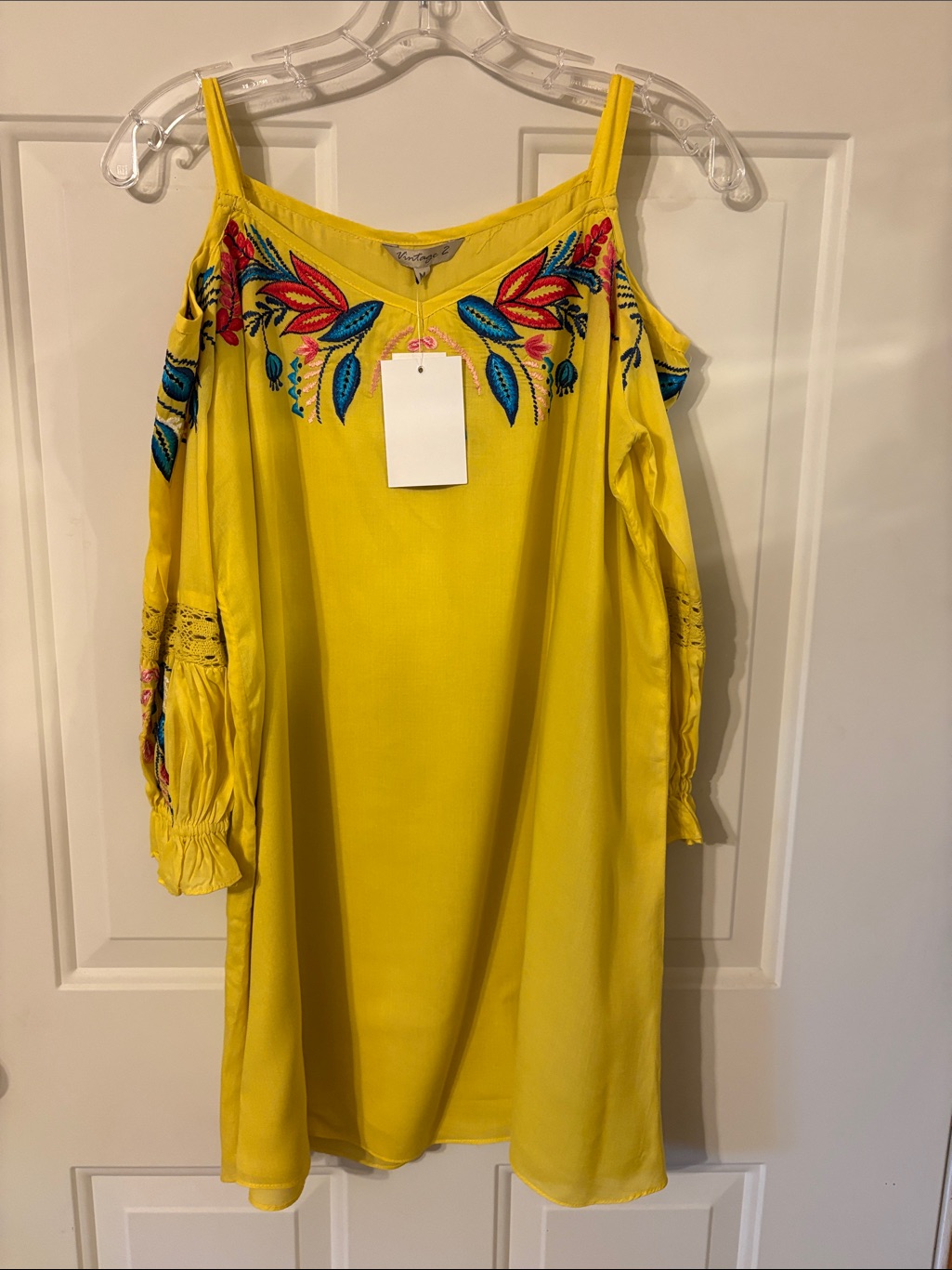 Vintage Yellow Cold-Shoulder Tunic With Multicolor Floral Embroidery